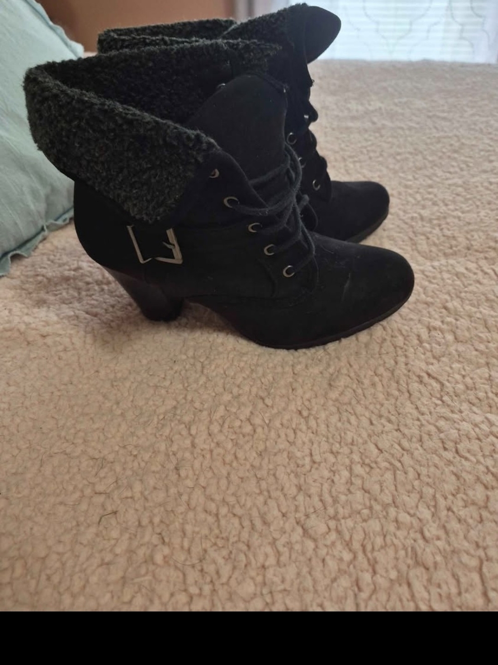 Women's Black Faux-Suede Lace-Up Fold-Over Ankle Boots